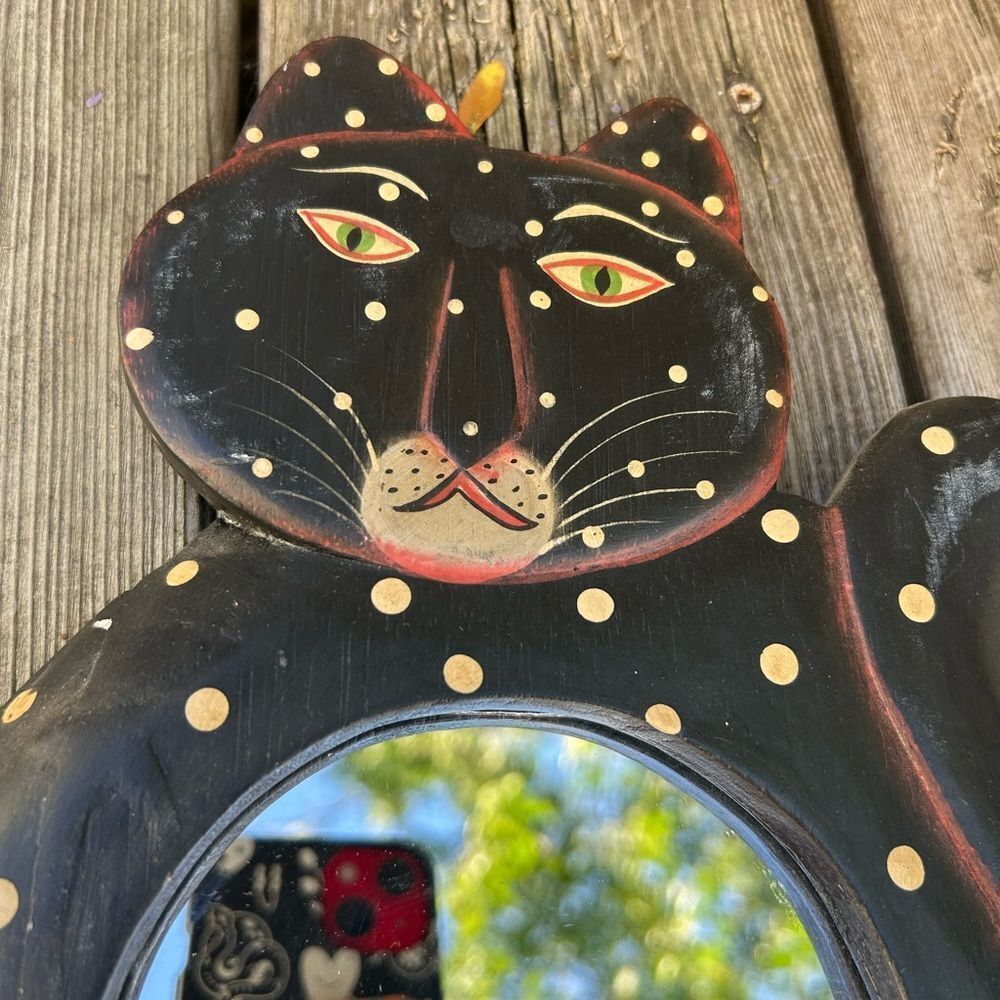 Vtg 90s Whimsical 12.5” X 8” Black Polk a Dot Cat Boho Mirror Indonesia